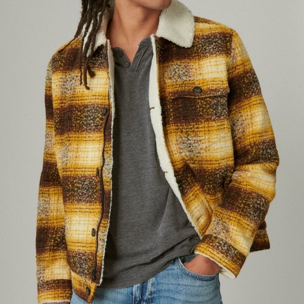 Faux Shearling Lined Wool Plaid Trucker Jacket